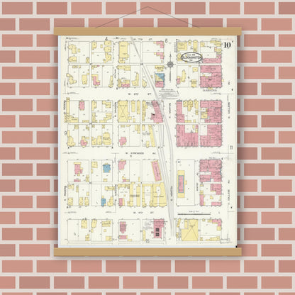 Old map wall art mockup — magnetic wood frame on brick wall — Sanborn Fire Insurance Map from Bloomington, Monroe County, Indiana (1913), Sheet #0010