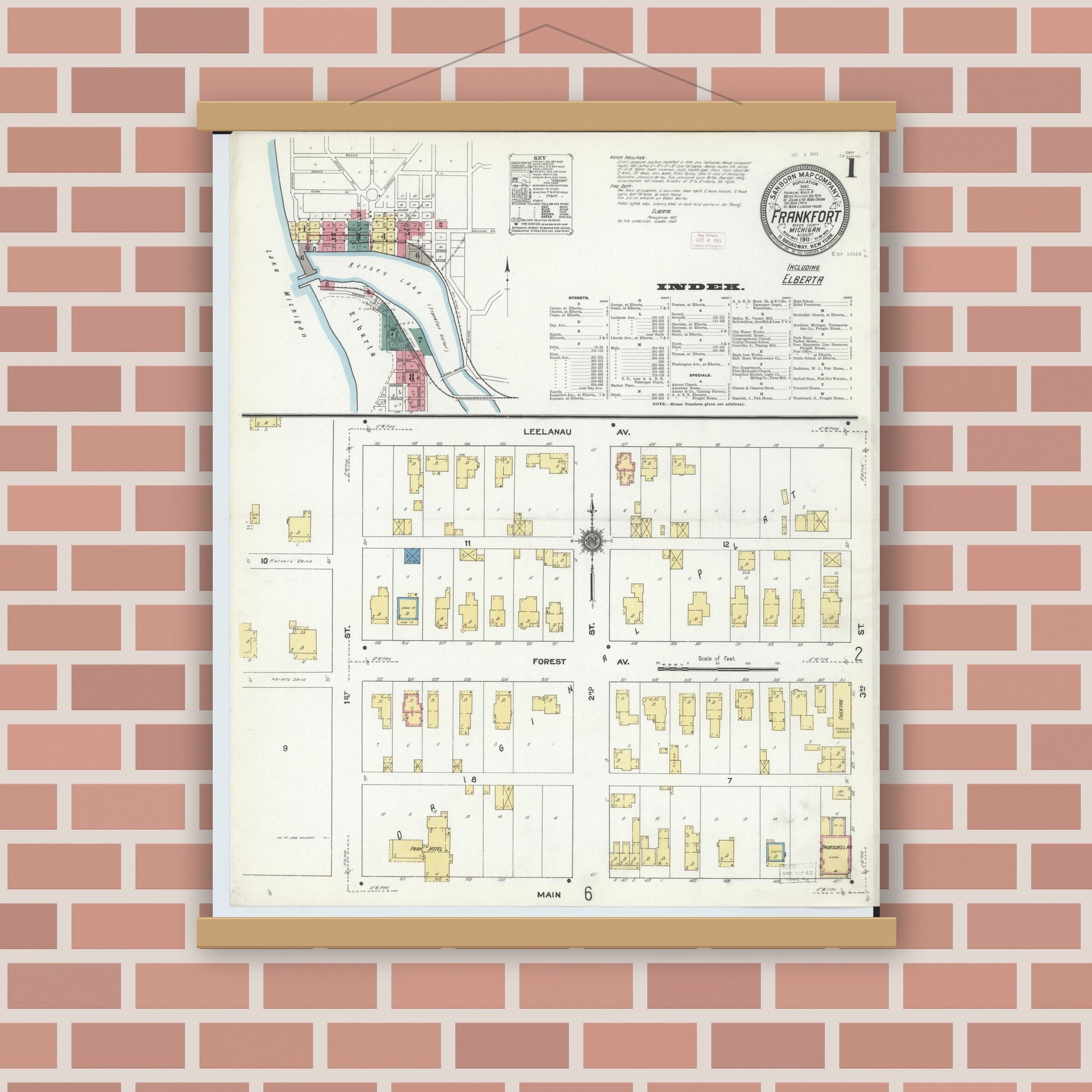 Old map wall art mockup — magnetic wood frame on brick wall — Sanborn Fire Insurance Map from Frankfort, Benzie County, Michigan (1911) - Complete Map Set