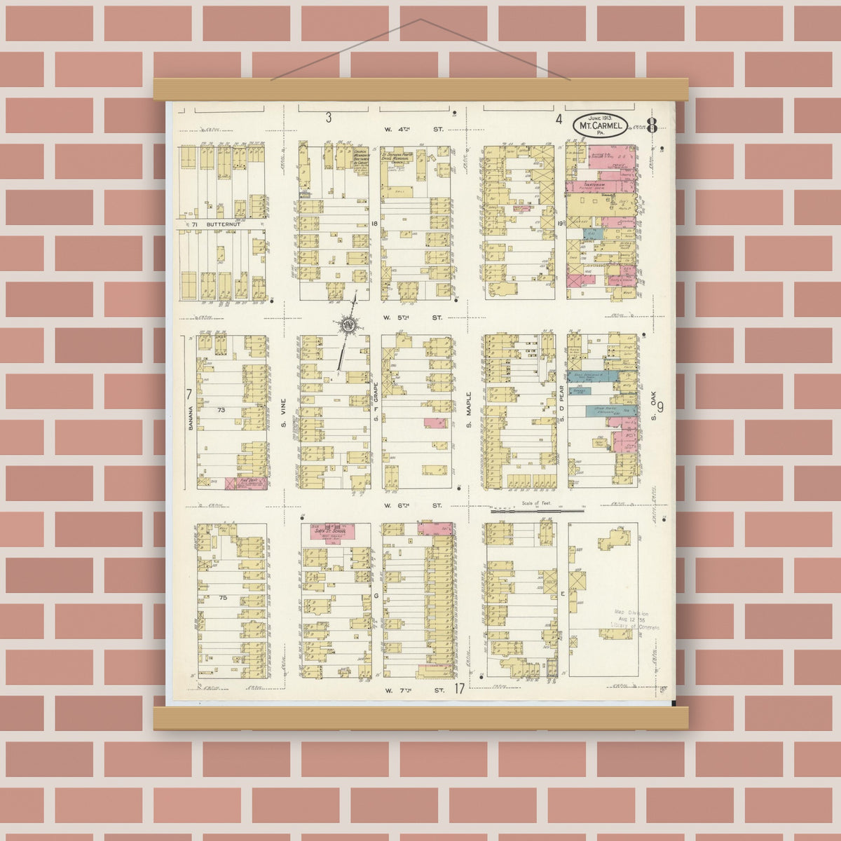 Old map wall art mockup — magnetic wood frame on brick wall — Sanborn Fire Insurance Map from Mount Carmel, Northumberland County, Pennsylvania (1913), Sheet #0008