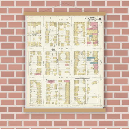 Old map wall art mockup — magnetic wood frame on brick wall — Sanborn Fire Insurance Map from Mount Carmel, Northumberland County, Pennsylvania (1913), Sheet #0008