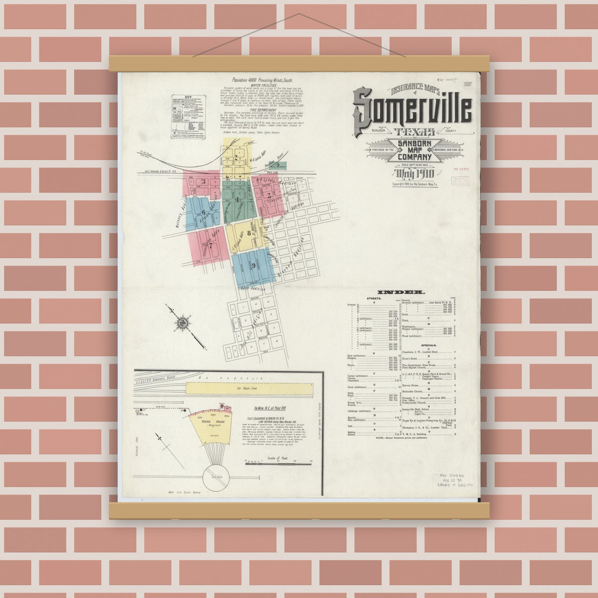 Old map wall art mockup — magnetic wood frame on brick wall — Sanborn Fire Insurance Map from Somerville, Burleson County, Texas (1910), Sheet #0001