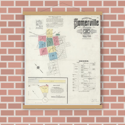 Old map wall art mockup — magnetic wood frame on brick wall — Sanborn Fire Insurance Map from Somerville, Burleson County, Texas (1910), Sheet #0001