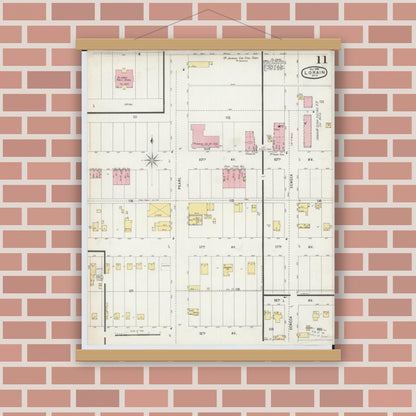 Old map wall art mockup — magnetic wood frame on brick wall — Sanborn Fire Insurance Map from Lorain, Lorain County, Ohio (1896), Sheet #0011