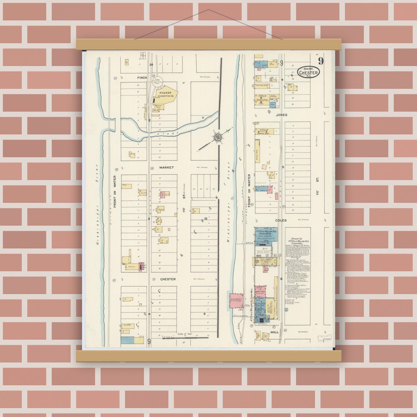 Old map wall art mockup — magnetic wood frame on brick wall — Sanborn Fire Insurance Map from Chester, Randolph County, Illinois (1911), Sheet #0009