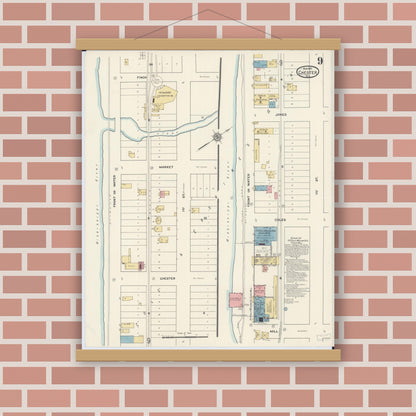 Old map wall art mockup — magnetic wood frame on brick wall — Sanborn Fire Insurance Map from Chester, Randolph County, Illinois (1911), Sheet #0009