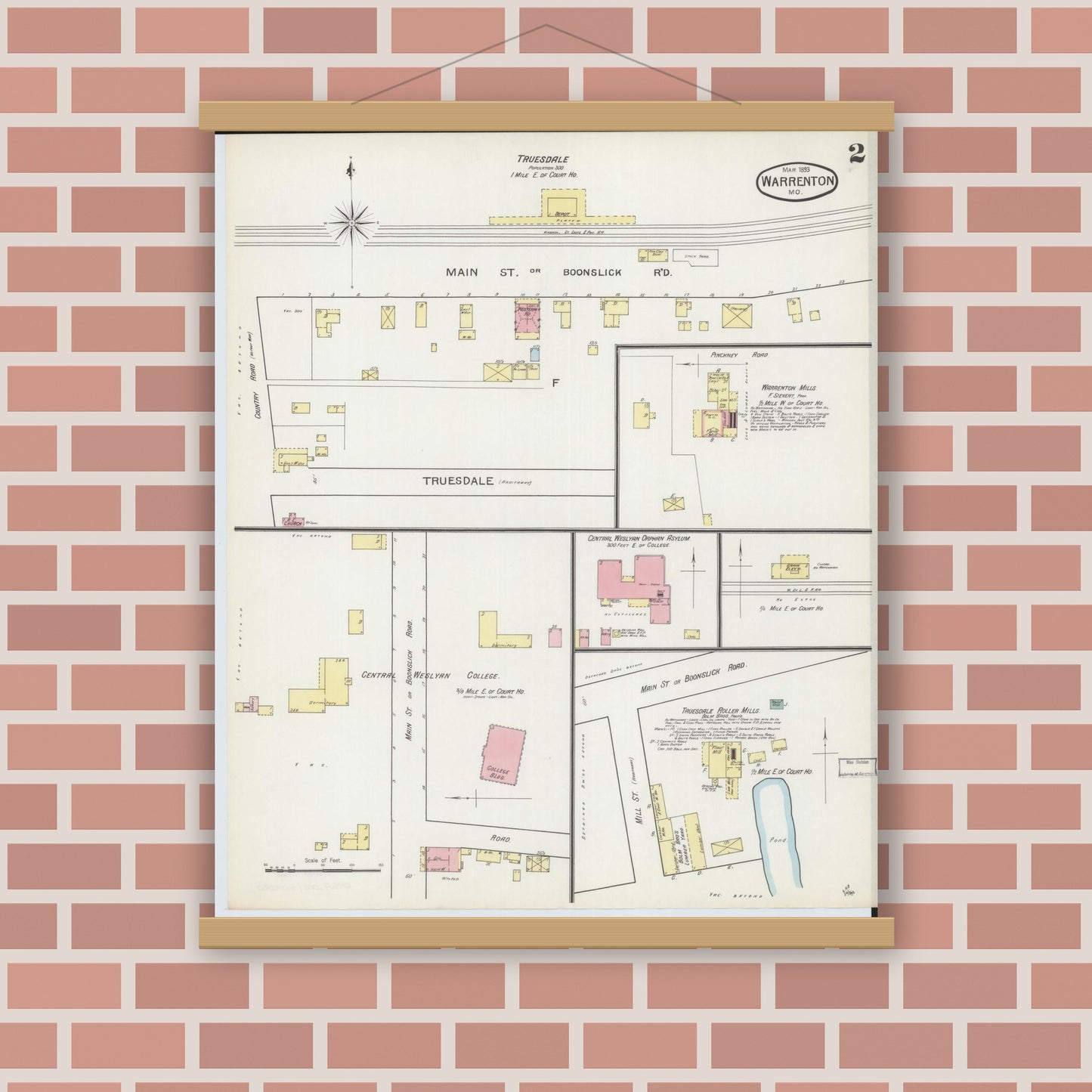 Old map wall art mockup — magnetic wood frame on brick wall — Sanborn Fire Insurance Map from Warrenton, Warren County, Missouri (1893), Sheet #0002