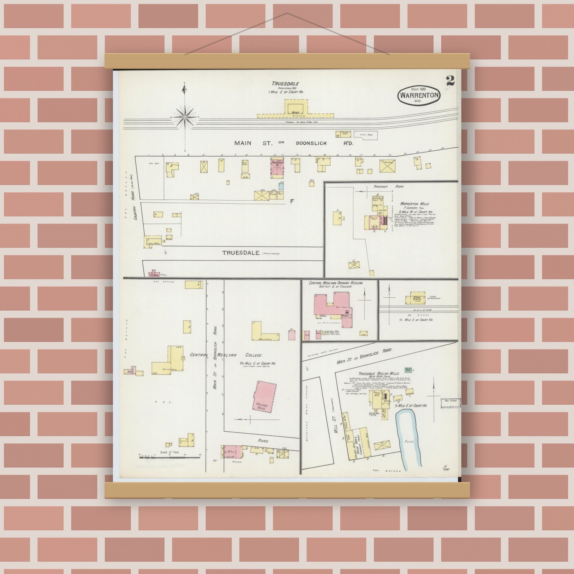 Old map wall art mockup — magnetic wood frame on brick wall — Sanborn Fire Insurance Map from Warrenton, Warren County, Missouri (1893), Sheet #0002