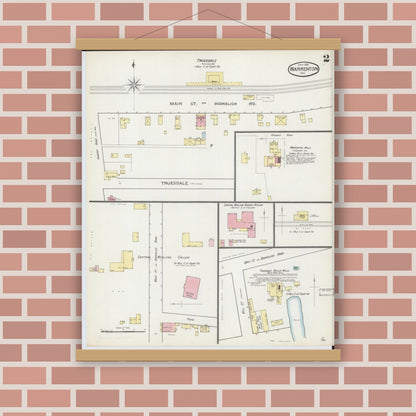 Old map wall art mockup — magnetic wood frame on brick wall — Sanborn Fire Insurance Map from Warrenton, Warren County, Missouri (1893), Sheet #0002