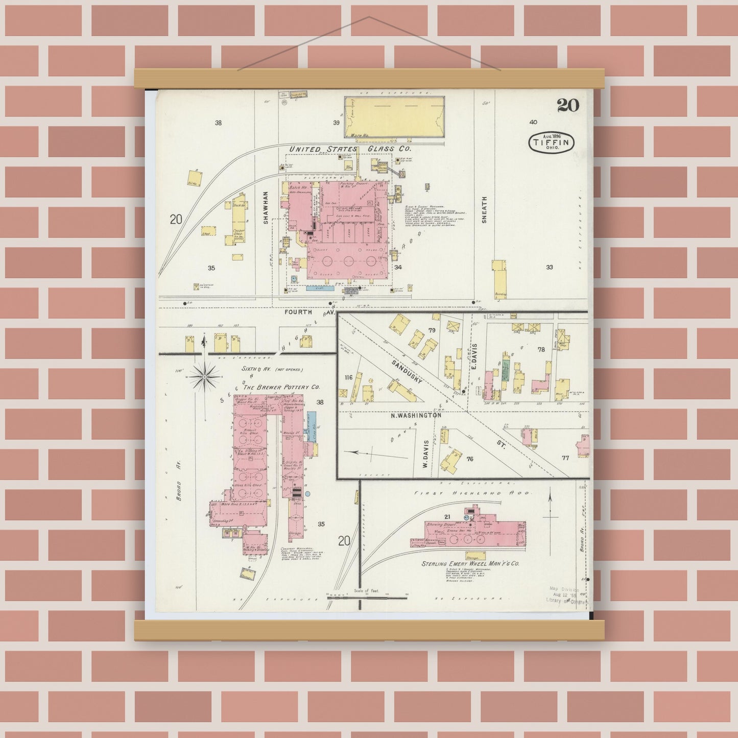 Old map wall art mockup — magnetic wood frame on brick wall — Sanborn Fire Insurance Map from Tiffin, Seneca County, Ohio (1896), Sheet #0020