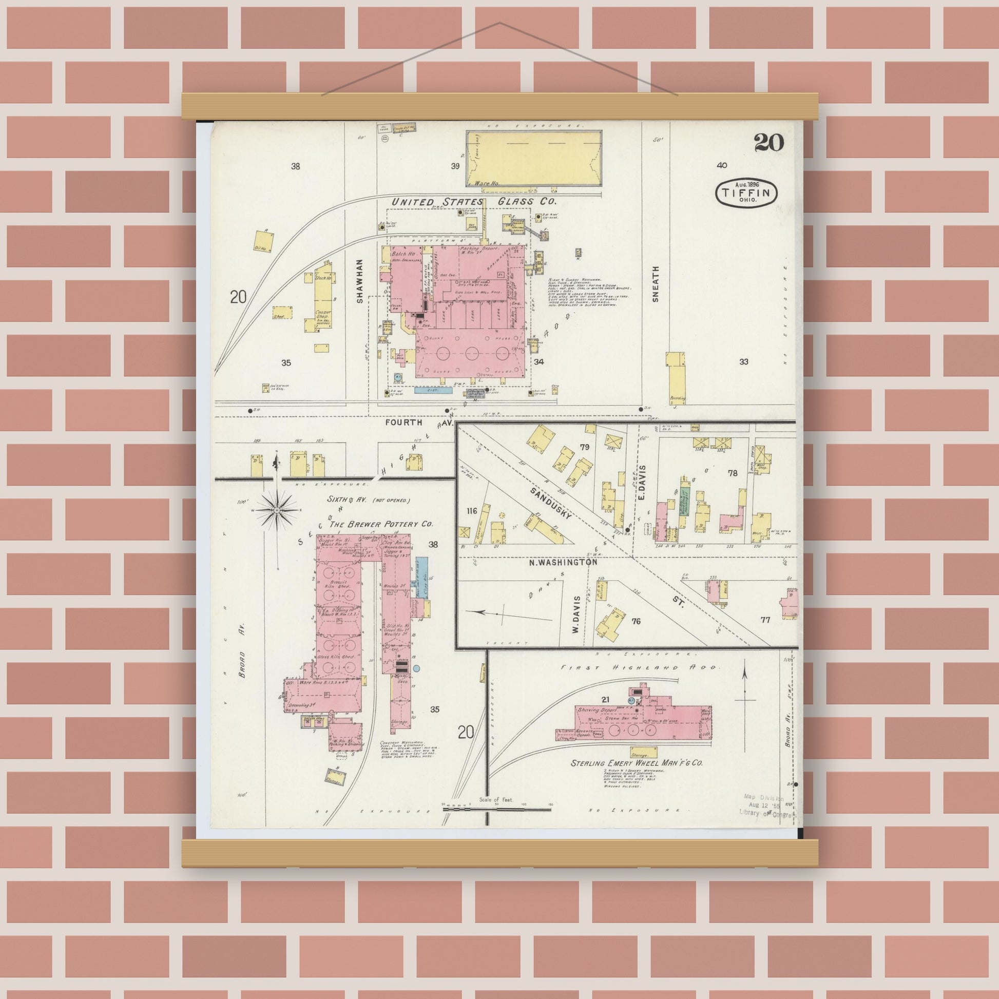 Old map wall art mockup — magnetic wood frame on brick wall — Sanborn Fire Insurance Map from Tiffin, Seneca County, Ohio (1896), Sheet #0020