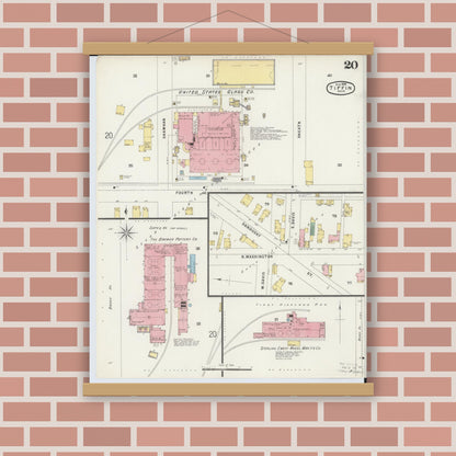 Old map wall art mockup — magnetic wood frame on brick wall — Sanborn Fire Insurance Map from Tiffin, Seneca County, Ohio (1896), Sheet #0020