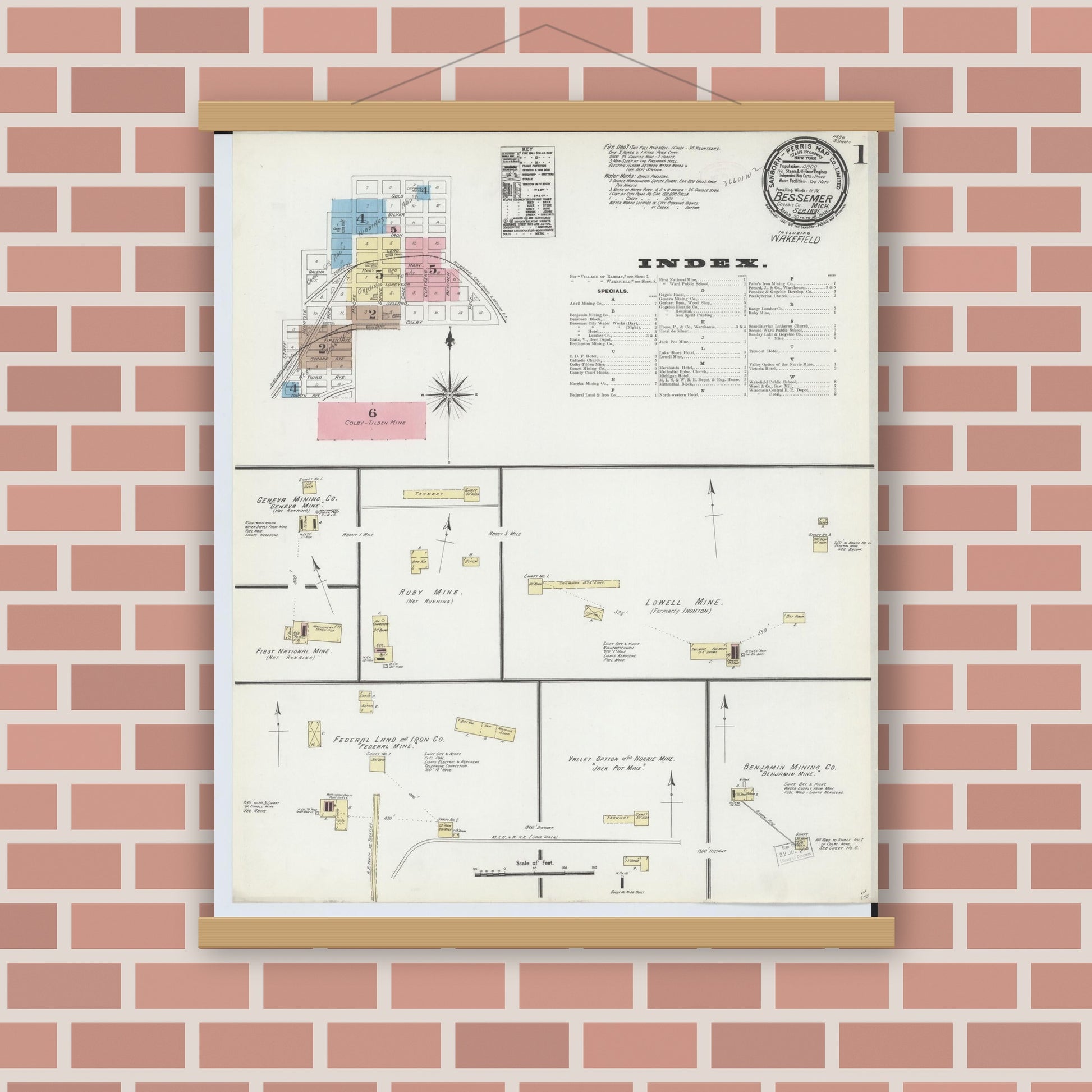 Old map wall art mockup — magnetic wood frame on brick wall — Sanborn Fire Insurance Map from Bessemer, Gogebic County, Michigan (1891), Sheet #0001