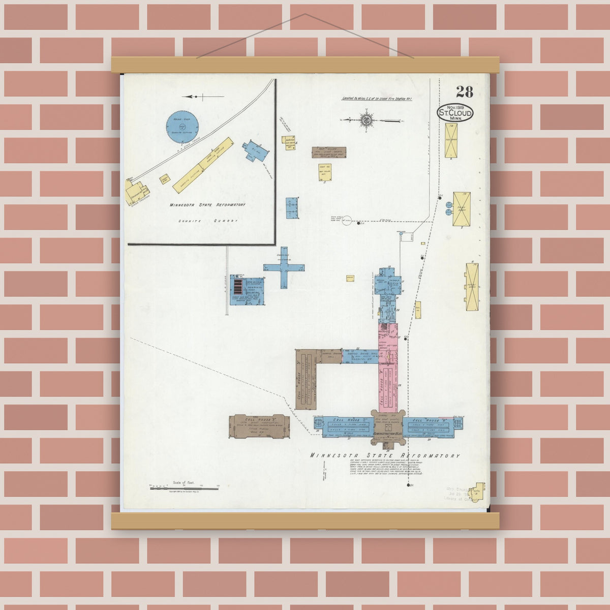 Old map wall art mockup — magnetic wood frame on brick wall — Sanborn Fire Insurance Map from Saint Cloud, Stearns, Benton, and Sherburne Counties, Minnesota (1919), Sheet #0028