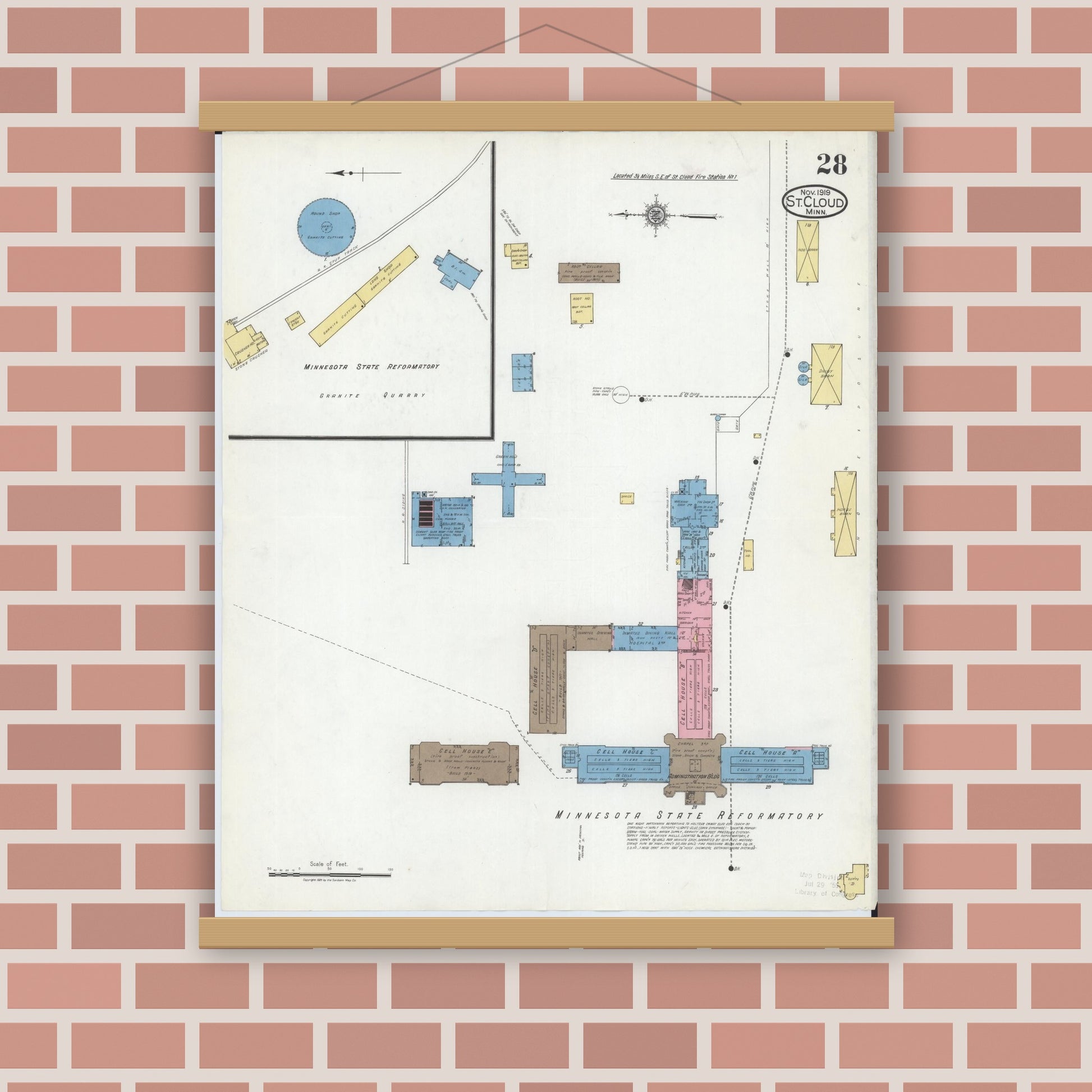 Old map wall art mockup — magnetic wood frame on brick wall — Sanborn Fire Insurance Map from Saint Cloud, Stearns, Benton, and Sherburne Counties, Minnesota (1919), Sheet #0028