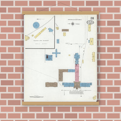 Old map wall art mockup — magnetic wood frame on brick wall — Sanborn Fire Insurance Map from Saint Cloud, Stearns, Benton, and Sherburne Counties, Minnesota (1919), Sheet #0028