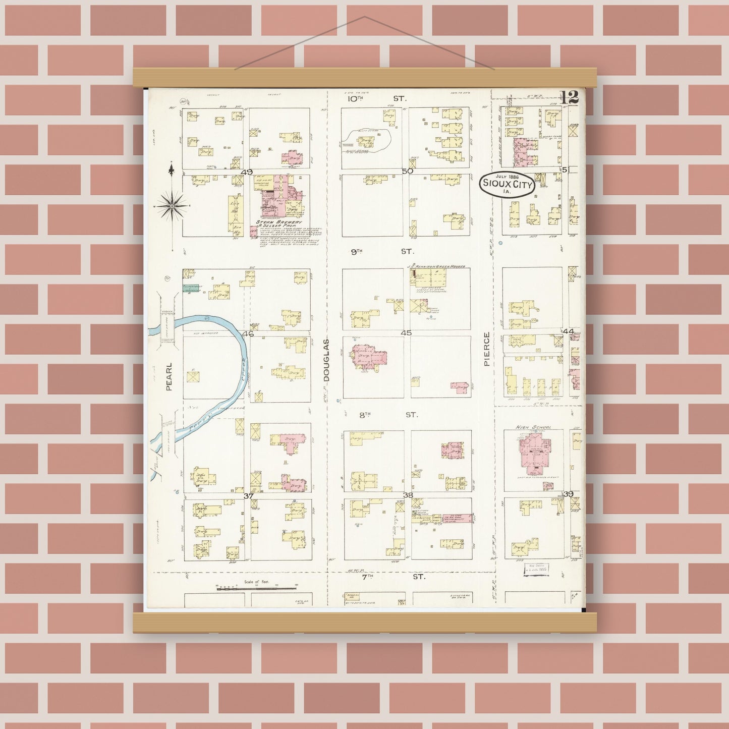 Old map wall art mockup — magnetic wood frame on brick wall — Sanborn Fire Insurance Map from Sioux City, Woodbury County, Iowa (1886), Sheet #0012