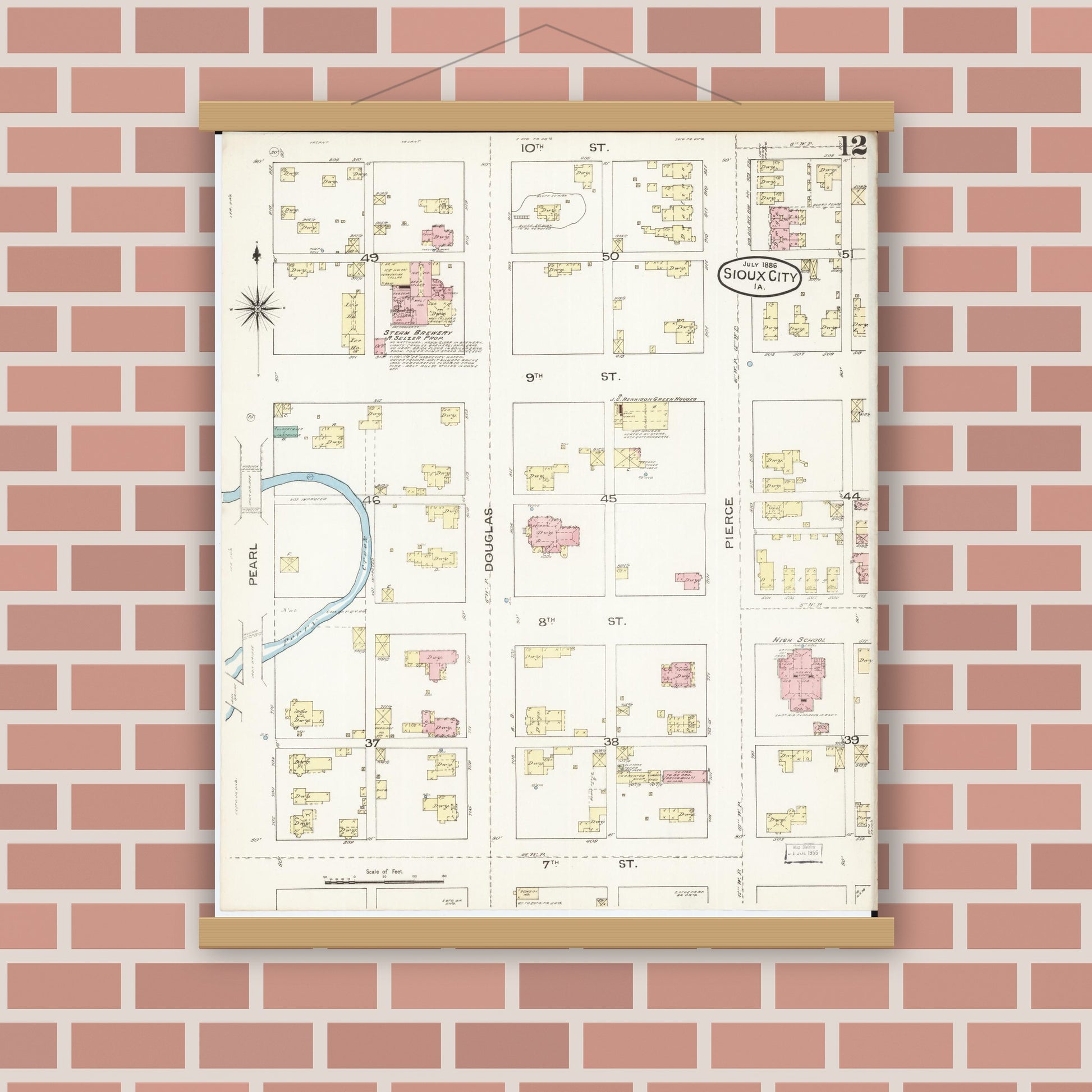 Old map wall art mockup — magnetic wood frame on brick wall — Sanborn Fire Insurance Map from Sioux City, Woodbury County, Iowa (1886), Sheet #0012