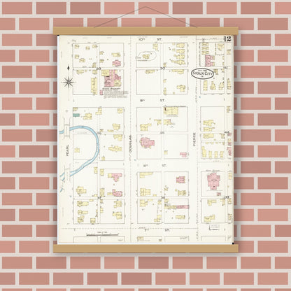 Old map wall art mockup — magnetic wood frame on brick wall — Sanborn Fire Insurance Map from Sioux City, Woodbury County, Iowa (1886), Sheet #0012