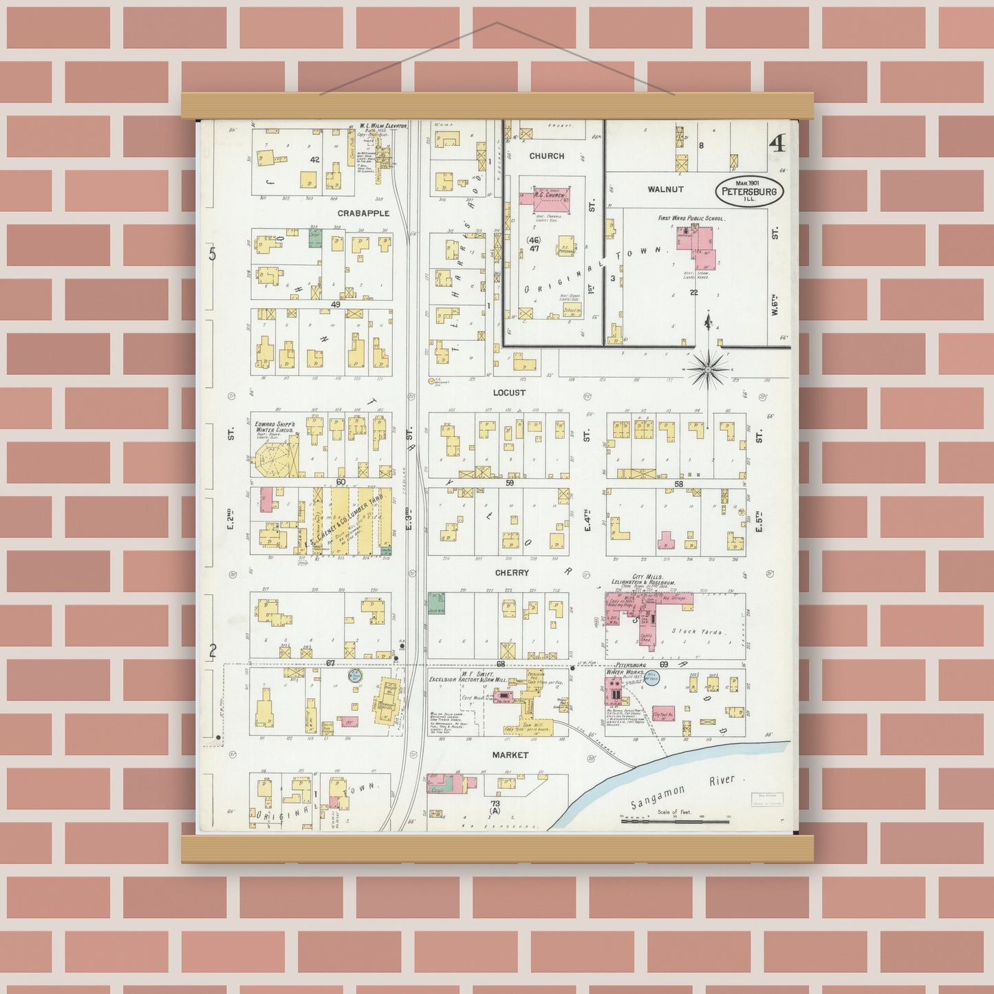 Old map wall art mockup — magnetic wood frame on brick wall — Sanborn Fire Insurance Map from Petersburg, Menard County, Illinois (1901), Sheet #0004