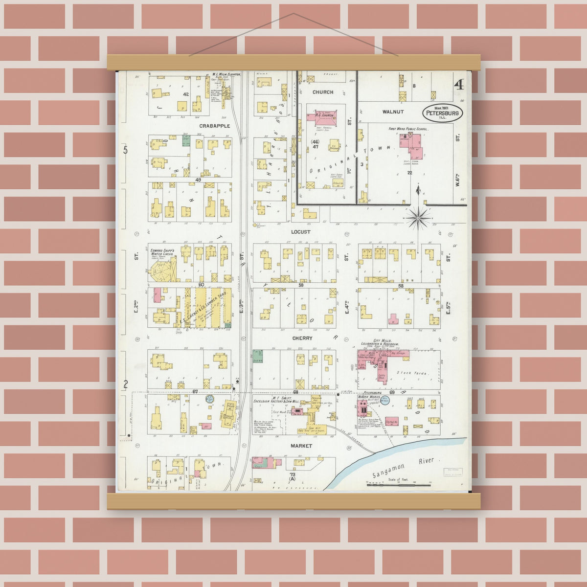 Old map wall art mockup — magnetic wood frame on brick wall — Sanborn Fire Insurance Map from Petersburg, Menard County, Illinois (1901), Sheet #0004
