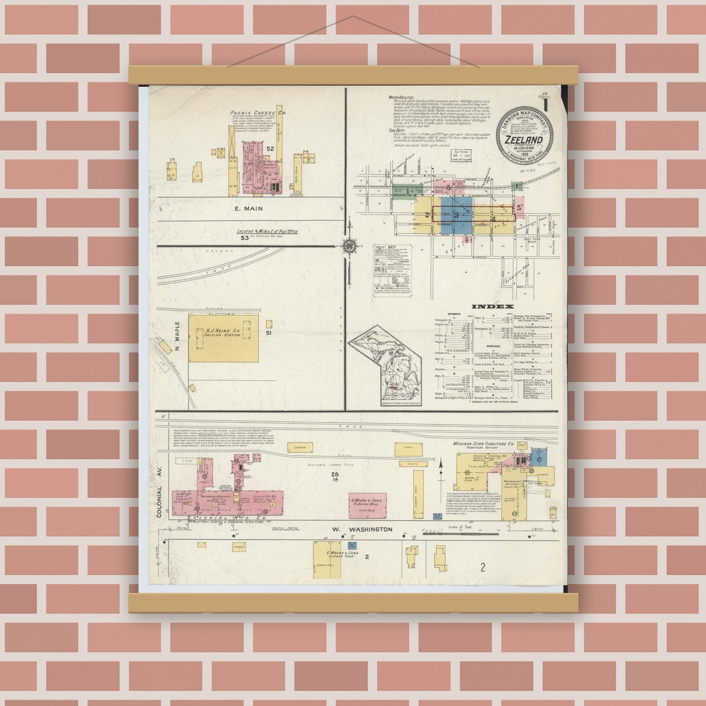 Old map wall art mockup — magnetic wood frame on brick wall — Sanborn Fire Insurance Map from Zeeland, Ottawa County, Michigan (1916) - Complete Map Set