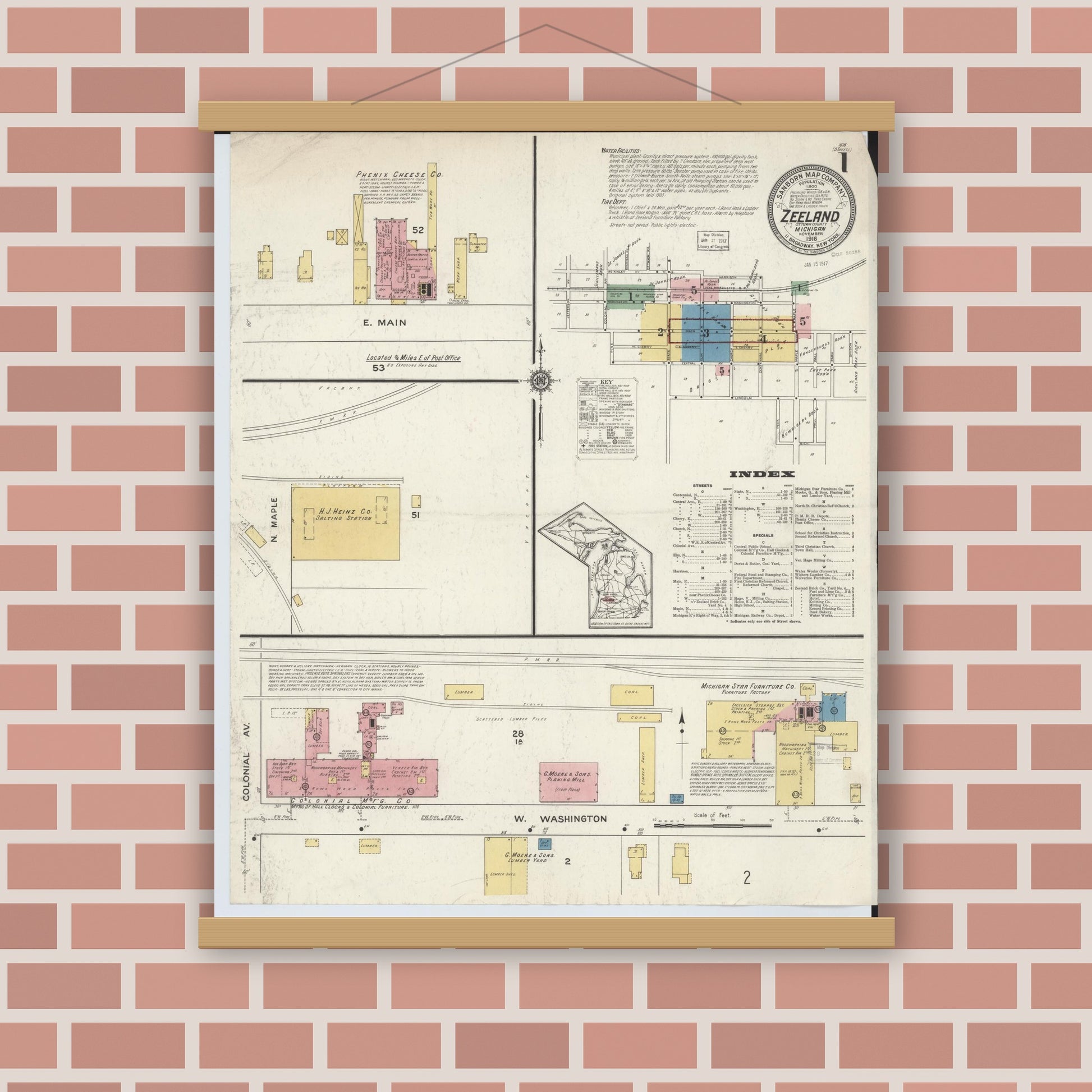 Old map wall art mockup — magnetic wood frame on brick wall — Sanborn Fire Insurance Map from Zeeland, Ottawa County, Michigan (1916) - Complete Map Set