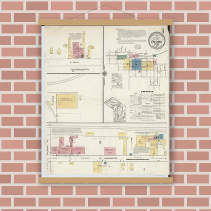 Old map wall art mockup — magnetic wood frame on brick wall — Sanborn Fire Insurance Map from Zeeland, Ottawa County, Michigan (1916) - Complete Map Set