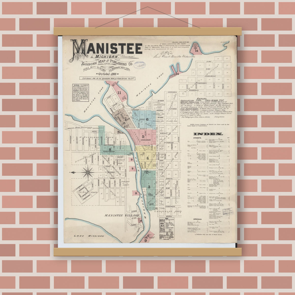 Old map wall art mockup — magnetic wood frame on brick wall — Sanborn Fire Insurance Map from Manistee, Manistee County, Michigan (1883), Sheet #0001
