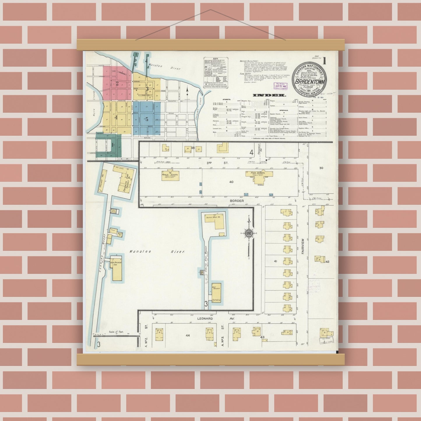Old map wall art mockup — magnetic wood frame on brick wall — Sanborn Fire Insurance Map from Bradentown, Manatee County, Florida (1911), Sheet #0001