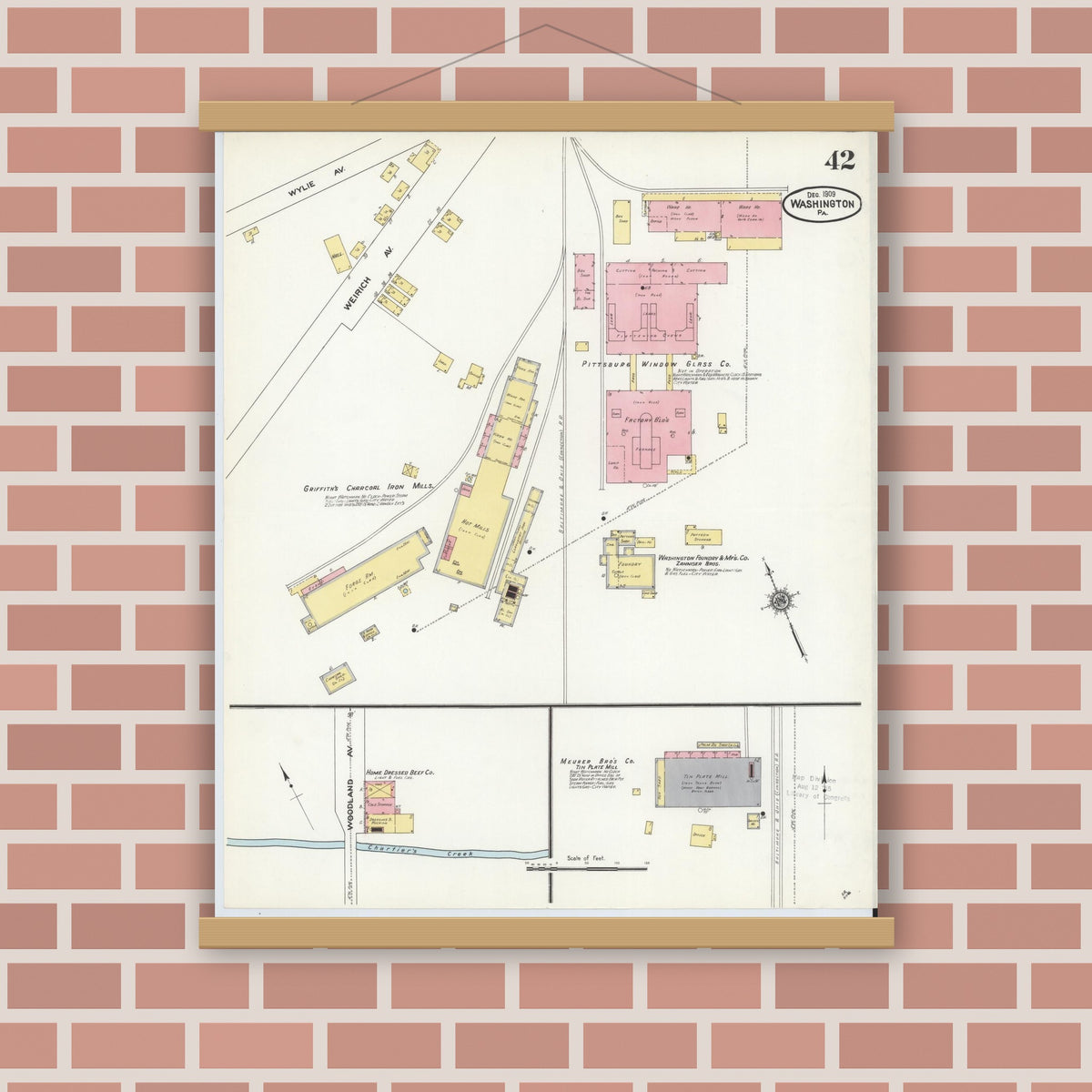 Old map wall art mockup — magnetic wood frame on brick wall — Sanborn Fire Insurance Map from Washington, Washington County, Pennsylvania (1909), Sheet #0042