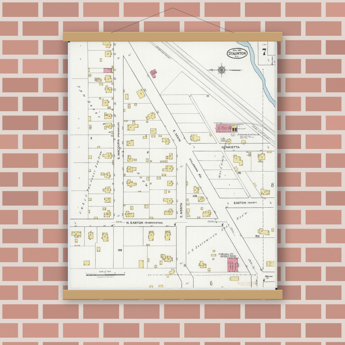 Old map wall art mockup — magnetic wood frame on brick wall — Sanborn Fire Insurance Map from Staunton, Macoupin County, Illinois (1921), Sheet #0007