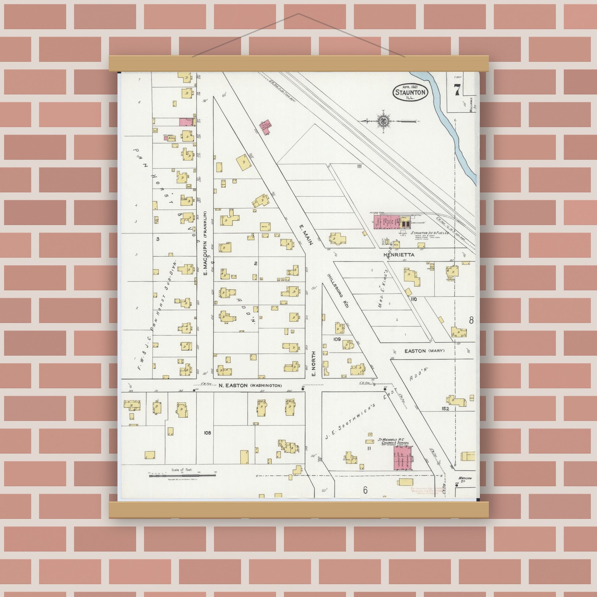 Old map wall art mockup — magnetic wood frame on brick wall — Sanborn Fire Insurance Map from Staunton, Macoupin County, Illinois (1921), Sheet #0007