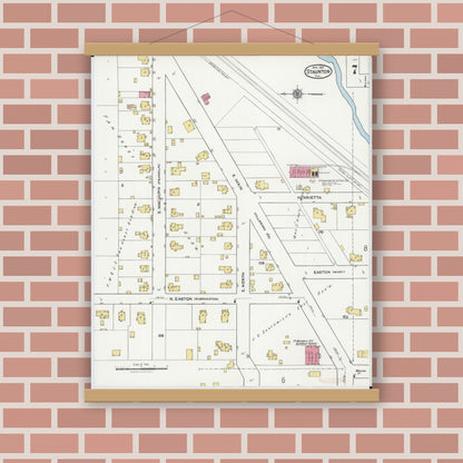 Old map wall art mockup — magnetic wood frame on brick wall — Sanborn Fire Insurance Map from Staunton, Macoupin County, Illinois (1921), Sheet #0007