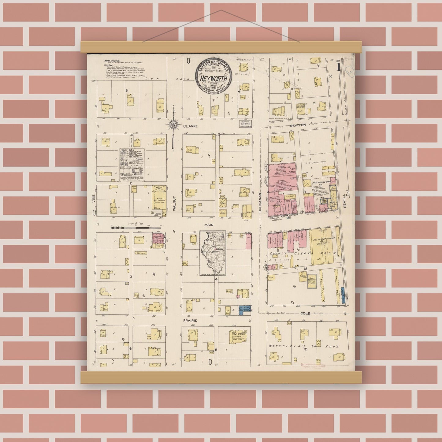 Old map wall art mockup — magnetic wood frame on brick wall — Sanborn Fire Insurance Map from Heyworth, McLean County, Illinois (1922), Sheet #0001