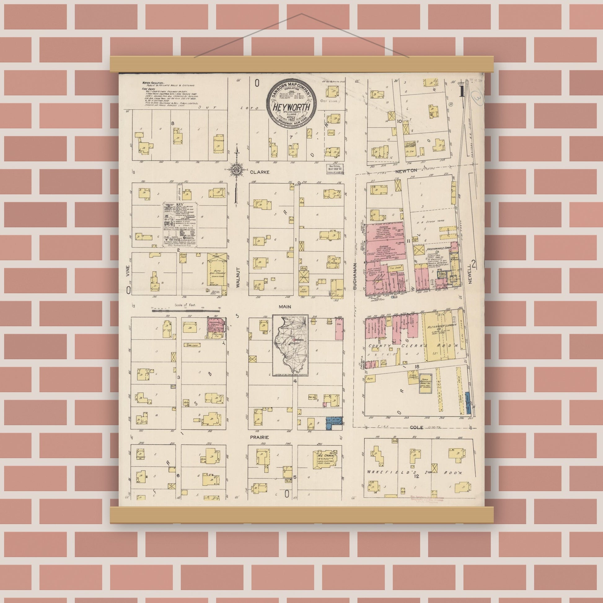 Old map wall art mockup — magnetic wood frame on brick wall — Sanborn Fire Insurance Map from Heyworth, McLean County, Illinois (1922), Sheet #0001