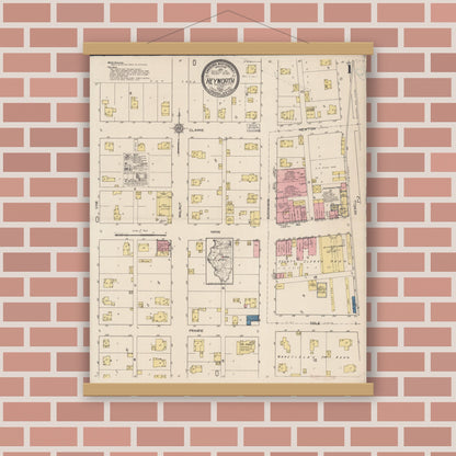 Old map wall art mockup — magnetic wood frame on brick wall — Sanborn Fire Insurance Map from Heyworth, McLean County, Illinois (1922), Sheet #0001