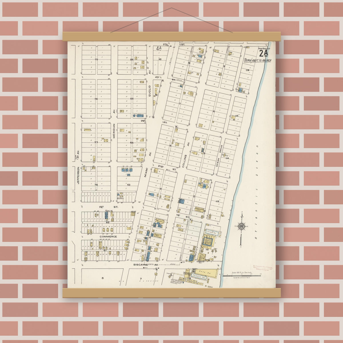 Old map wall art mockup — magnetic wood frame on brick wall — Sanborn Fire Insurance Map from Miami Beach, Dade County, Florida (1921), Sheet #0002