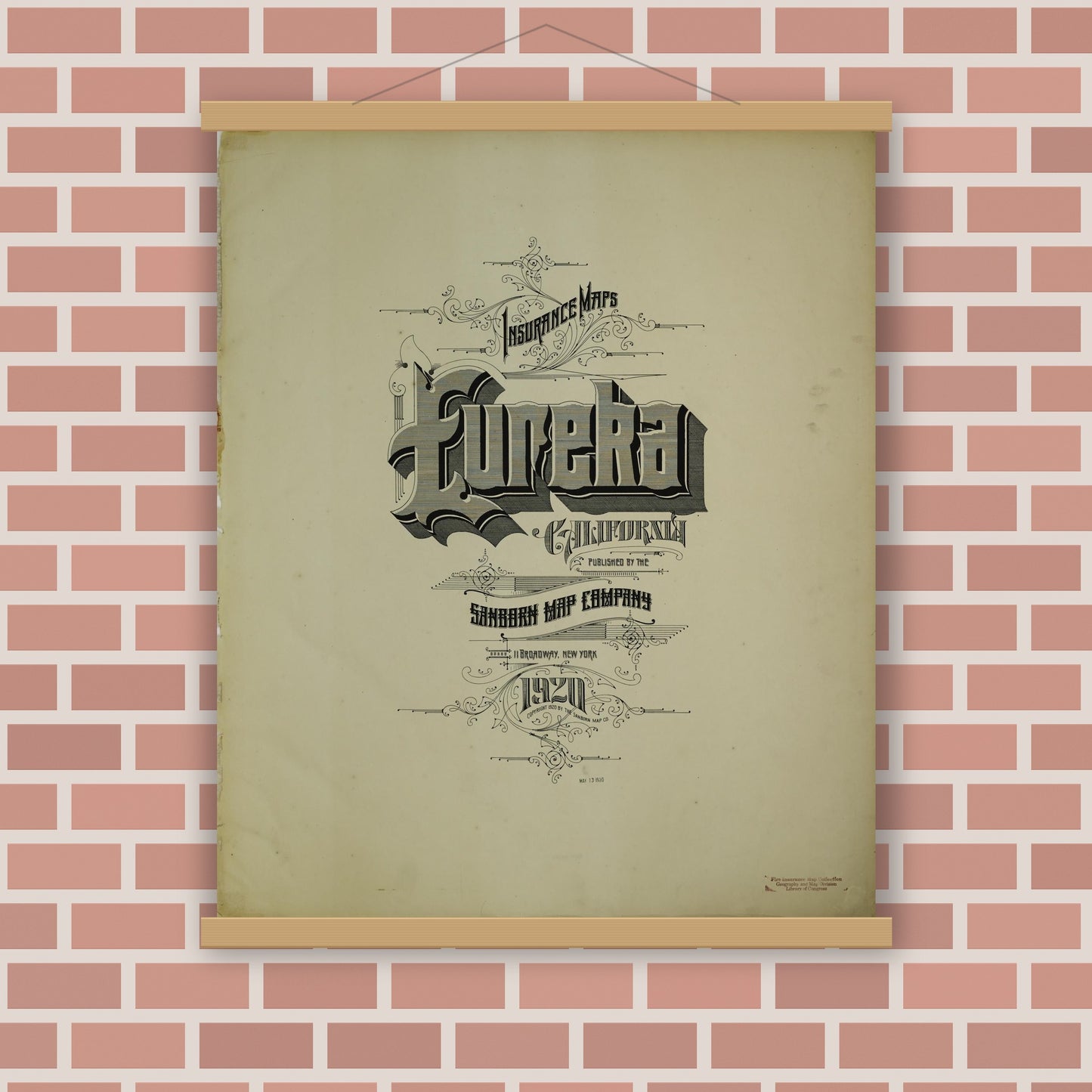 Old map wall art mockup — magnetic wood frame on brick wall — Sanborn Fire Insurance Map from Eureka, Humboldt County, California (1920), Sheet #0001
