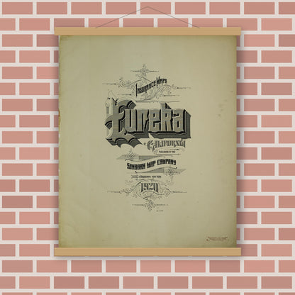 Old map wall art mockup — magnetic wood frame on brick wall — Sanborn Fire Insurance Map from Eureka, Humboldt County, California (1920), Sheet #0001