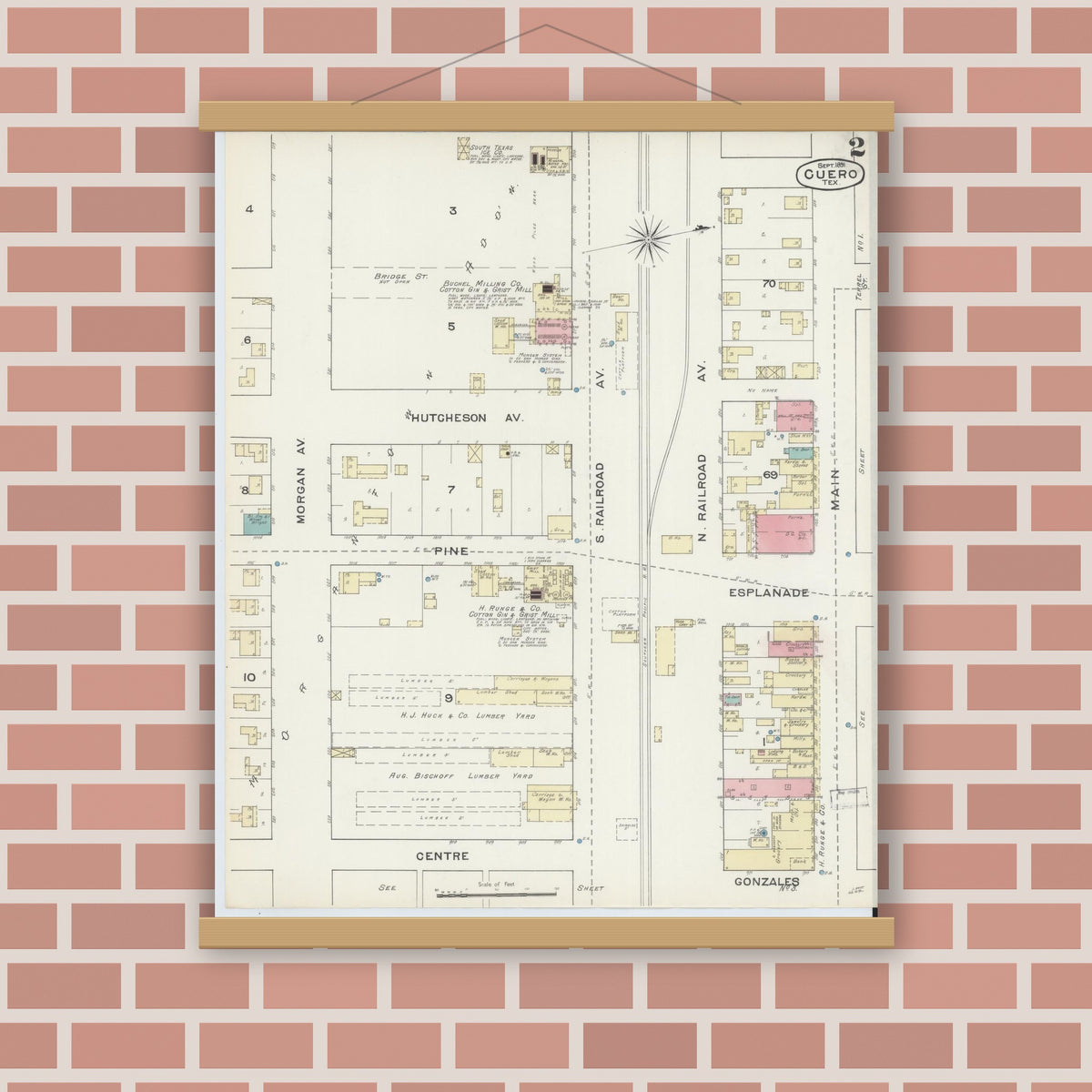 Old map wall art mockup — magnetic wood frame on brick wall — Sanborn Fire Insurance Map from Cuero, De Witt County, Texas (1891), Sheet #0002