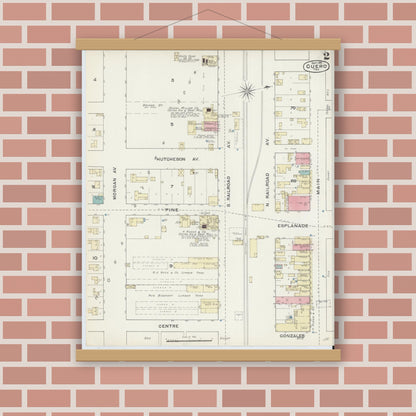 Old map wall art mockup — magnetic wood frame on brick wall — Sanborn Fire Insurance Map from Cuero, De Witt County, Texas (1891), Sheet #0002