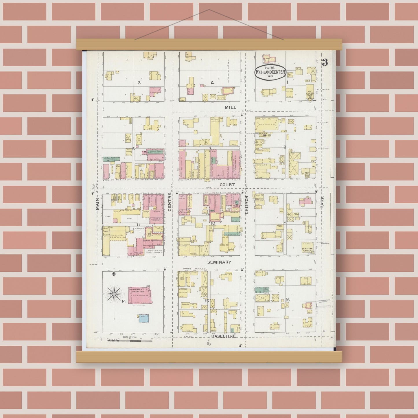Old map wall art mockup — magnetic wood frame on brick wall — Sanborn Fire Insurance Map from Richland Center, Richland County, Wisconsin (1892), Sheet #0003