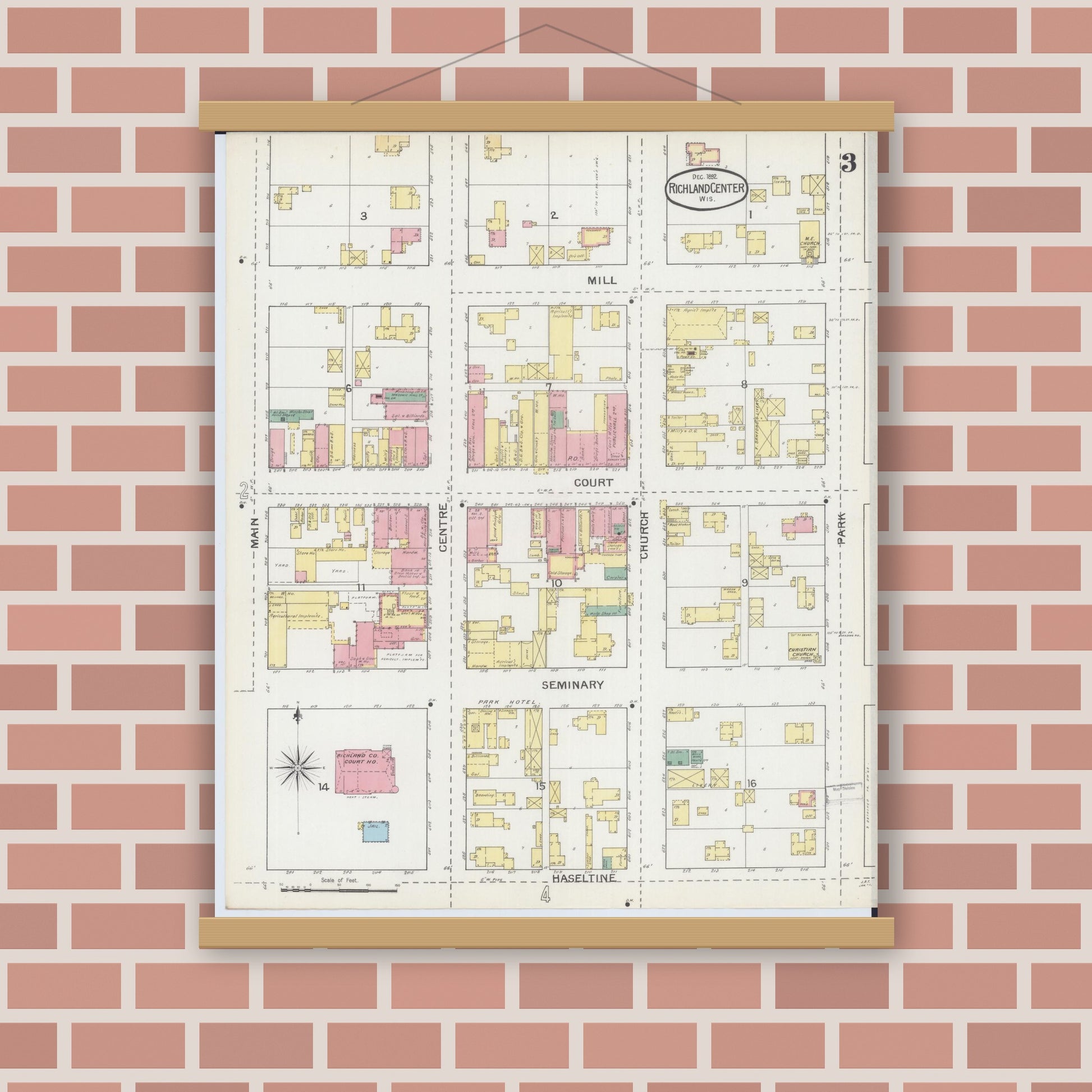 Old map wall art mockup — magnetic wood frame on brick wall — Sanborn Fire Insurance Map from Richland Center, Richland County, Wisconsin (1892), Sheet #0003