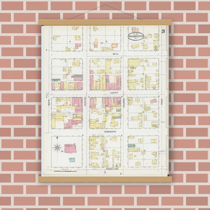 Old map wall art mockup — magnetic wood frame on brick wall — Sanborn Fire Insurance Map from Richland Center, Richland County, Wisconsin (1892), Sheet #0003