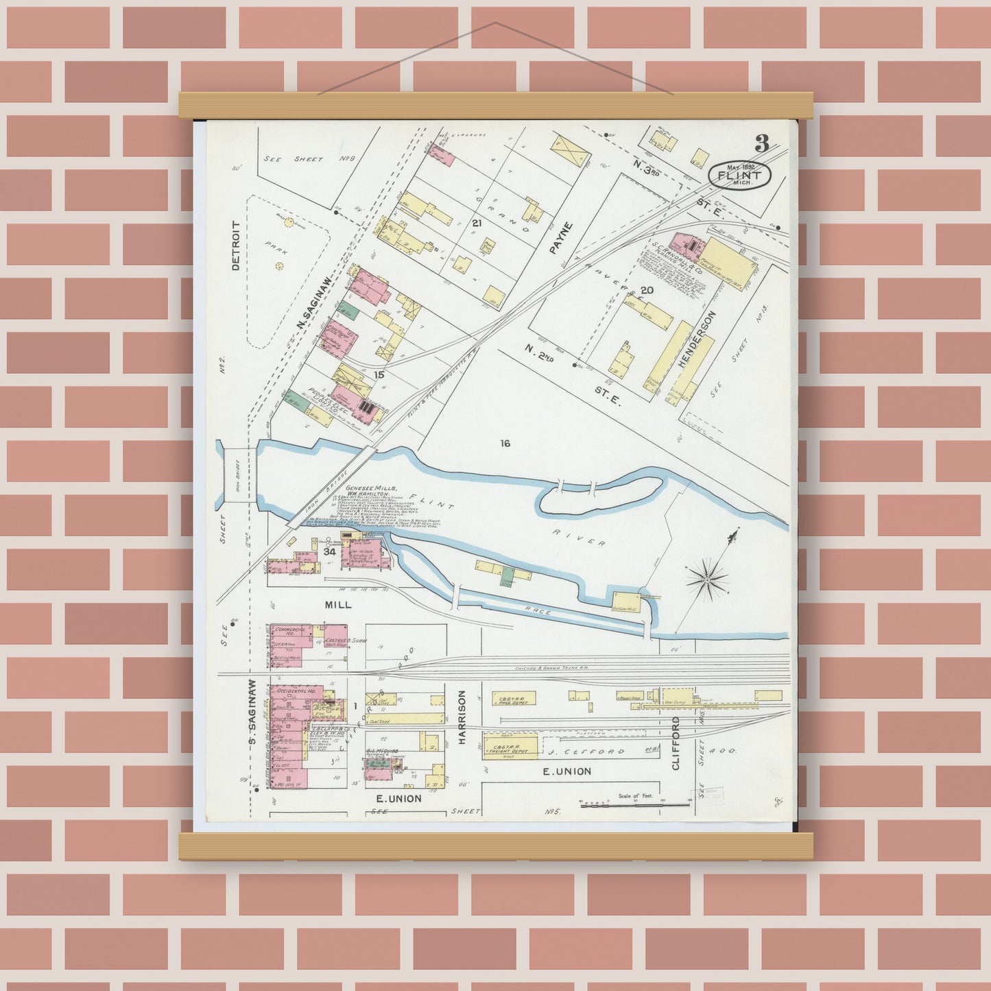 Old map wall art mockup — magnetic wood frame on brick wall — Sanborn Fire Insurance Map from Flint, Genesee County, Michigan (1892), Sheet #0003