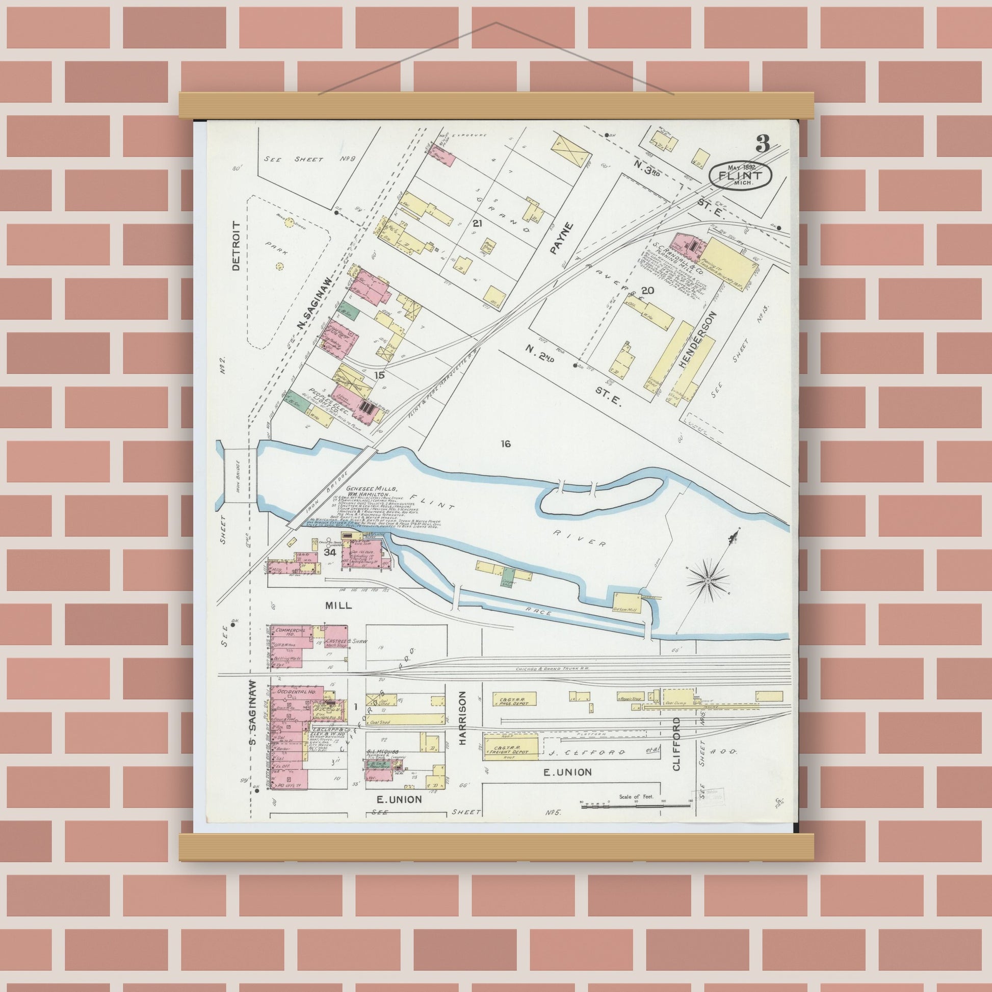 Old map wall art mockup — magnetic wood frame on brick wall — Sanborn Fire Insurance Map from Flint, Genesee County, Michigan (1892), Sheet #0003