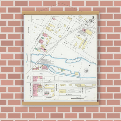Old map wall art mockup — magnetic wood frame on brick wall — Sanborn Fire Insurance Map from Flint, Genesee County, Michigan (1892), Sheet #0003