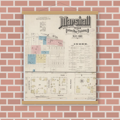 Old map wall art mockup — magnetic wood frame on brick wall — Sanborn Fire Insurance Map from Marshall, Harrison County, Texas (1885), Sheet #0001