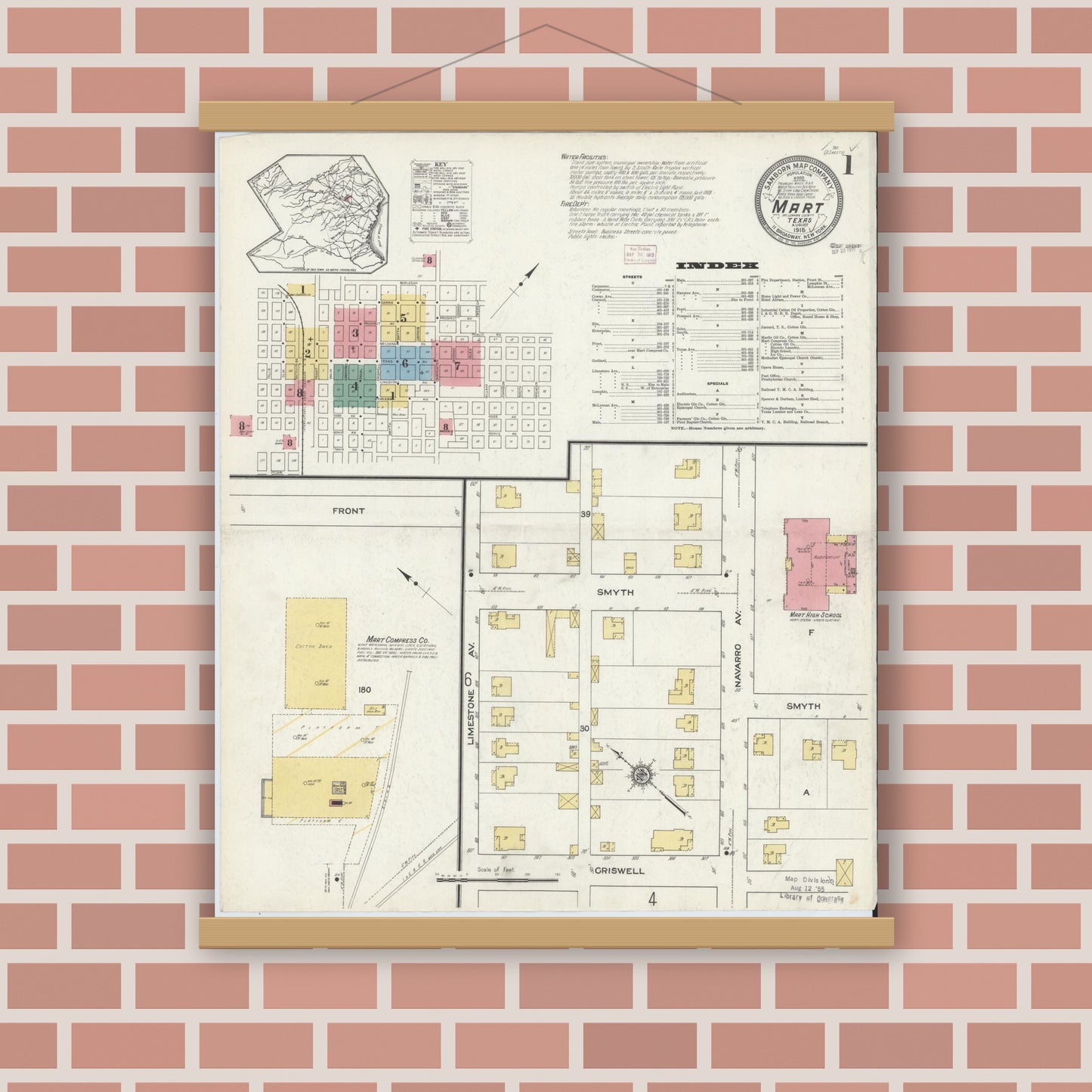 Old map wall art mockup — magnetic wood frame on brick wall — Sanborn Fire Insurance Map from Mart, McLennan County, Texas (1915), Sheet #0001