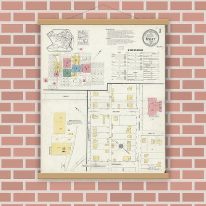 Old map wall art mockup — magnetic wood frame on brick wall — Sanborn Fire Insurance Map from Mart, McLennan County, Texas (1915), Sheet #0001